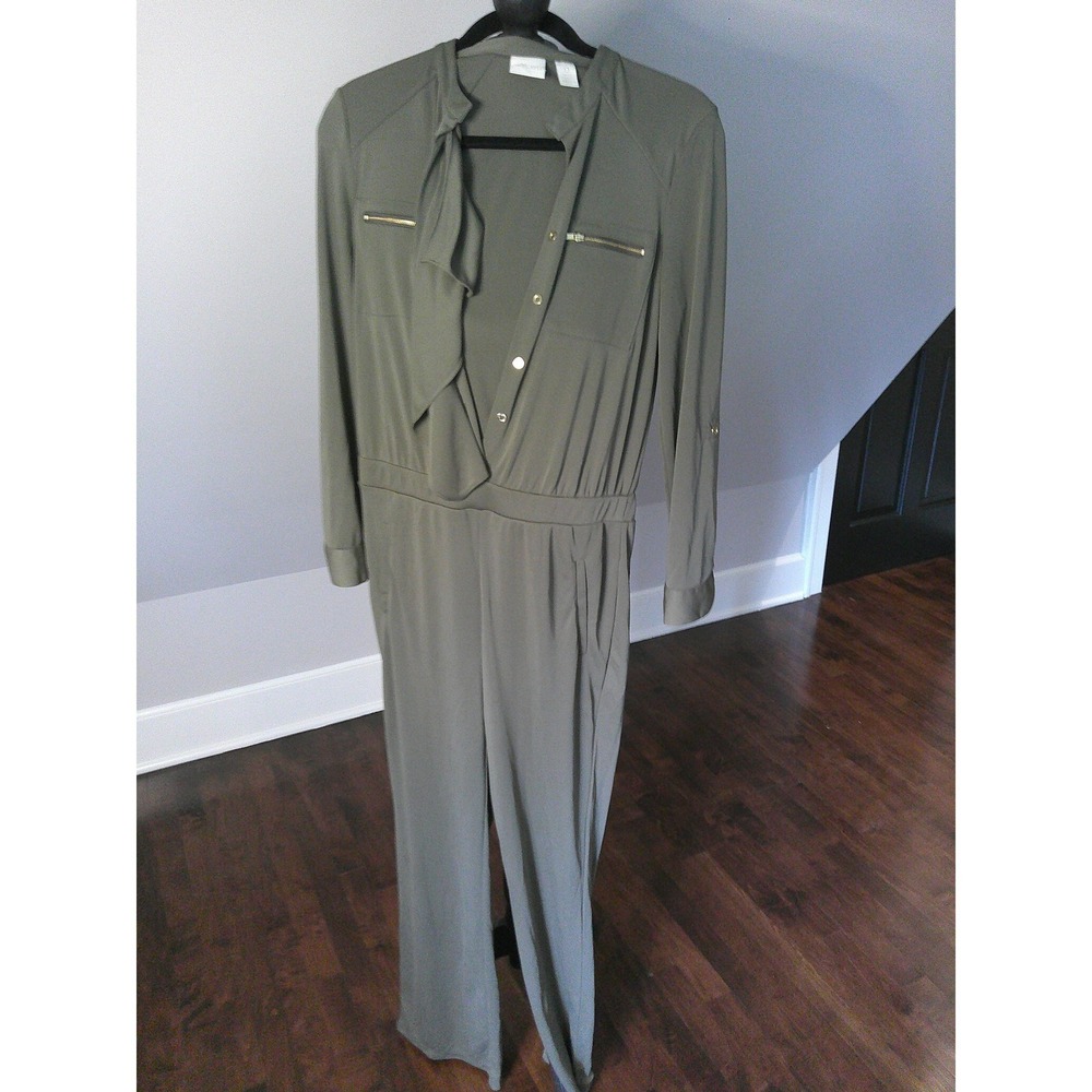 Chico's Jumpsuit Women 0 Olive Green Excellent Ruffle Front Utility Gold Zip